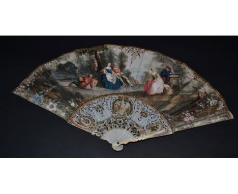 An 18th Century Ivory Fan, the slender monture carved, pierced and painted in colour, the gorge with a central cartouche pain