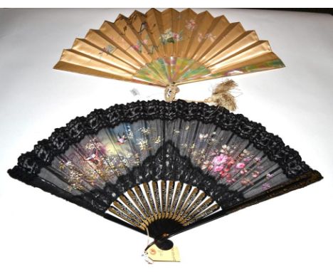 A Pretty Circa 1880's Fan with beige silk-satin leaf painted with a singing robin on a bough with a butterfly approaching, bo