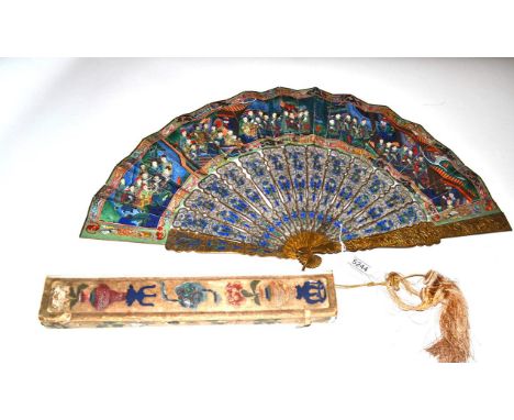 A Chinese Filigree Metal Mandarin Fan, the monture also enamelled, with flowers, foliage and figures seated under stylized tr