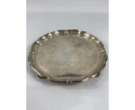 Hallmarked Silver Tray Sheffield (approx 601g) on three scroll feet maker Harrison Brothers &amp; Howson (George Howson) (Dia