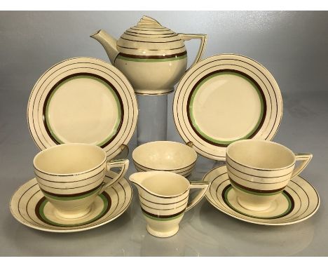 Wedgwood tea for two Art Deco teaset: two cups &amp; saucers; milk; sugar; plates and teapot. Green stamp to base and incised