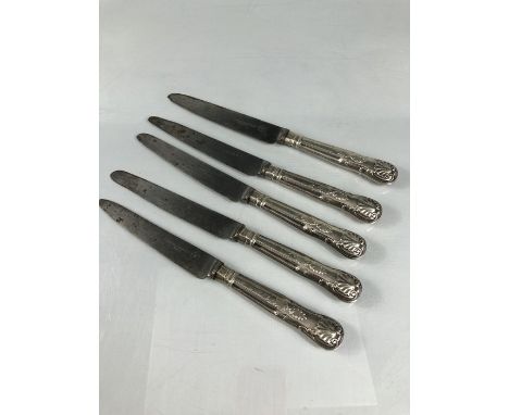 Five large Silver hallmarked Kings Pattern knives London Hallmarked 1888 maker 'SH', blades marked Goldsmiths Alliance Ld Cor