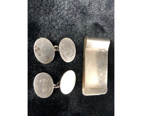 Pair of Birmingham Hallmarked Silver Cufflinks and a Silver Money Clip (approx 30g)