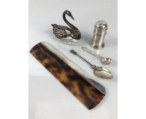 Collection of silver items to include comb, Swan salt (A/F) spoons and pepper shaker all hallmarked