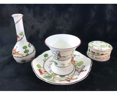 A quantity of 'Hunting scene' china all of the same design by Coalport (plate, lidded pot &amp; small vase) &amp; Crown Staff