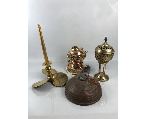 Collection of Brass and Copper-ware to include Censor, a boats propeller now a candle holder &amp; a brass and copper US Navy