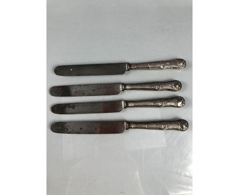 Four Kings Pattern silver hallmarked handled knives with blades marked William Sansom &amp; Co "cutlers to her majesty"