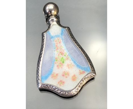 Silver and enamel perfume flask c1940, marked Sterling to reverse (possibly by Gorham) decorated with flowers (screw cap &amp