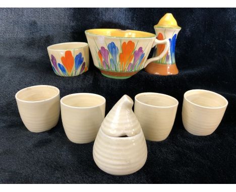 Small collection of Clarice Cliff to include three items in the Crocus design and five items marked Wilkinson (four egg cups 