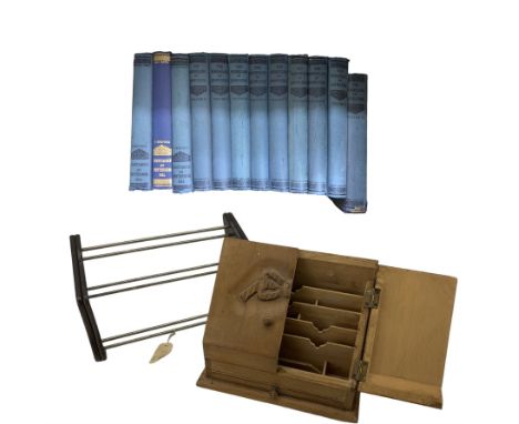 Carved correspondence box with ribbon detail, vintage extendable book trough, together with a set of twelve volumes of The Wo
