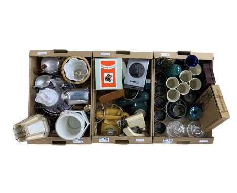 Glasswares including Mdina, ceramics, vintage telephones, picquot ware, vintage lighter, oriental lamp etc in three boxes