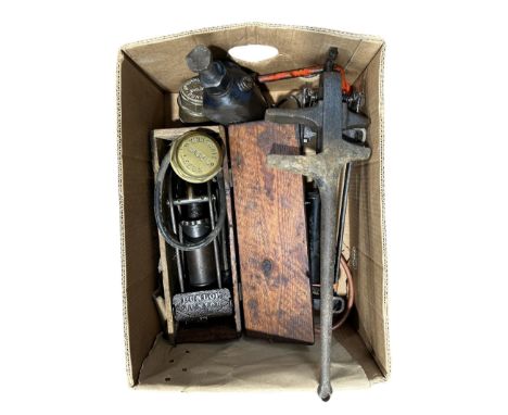 Dunlop Junior pump, another pump, 1 Ton Hydro car Jack, March & Co, patent London hub cap spanner and two hub caps 
