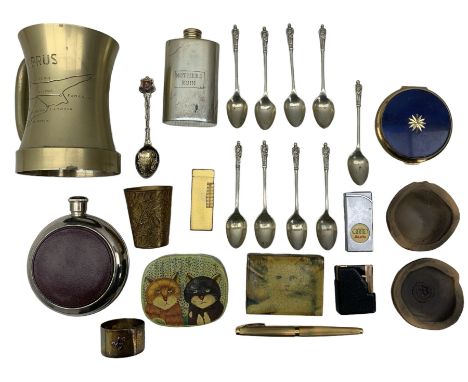 Group of items, including Cyprus tankard, flask, compact, trinket boxes, plated spoons, lighters, etc