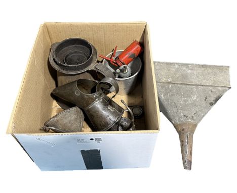 Vintage oil cans, 'Kerry' Tractor funnel, grease guns etc in one box