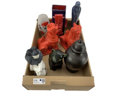 Pair of red glazed dogs of fo, frosted glass vase and other ceramic figures in one box