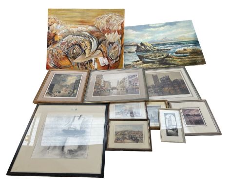 Collection of variously signed prints including Geoffrey Wolsey Birks together two large original oils and an etching max 80c