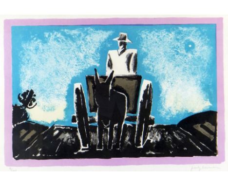 JOSEF HERMAN RA limited edition (9/100) colour lithograph - figure in mule drawn cart, signed fully in pencil, 35 x 50cms