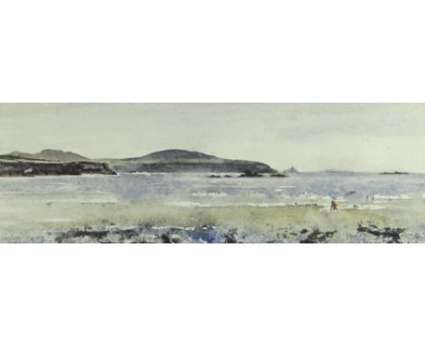 JOHN KNAPP-FISHER watercolour - figures walking and children playing on a Pembrokeshire beach, signed and dated 1968, 16 x 46