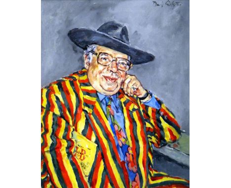 DAVID GRIFFITHS MBE oil on canvas - half-portrait of English jazz musician and celebrity George Melly, at seventy-two years o