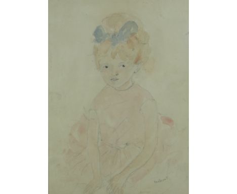 VERA BASSETT pencil and watercolour - half portrait of a seated infant girl, signed, 38 x 27cms