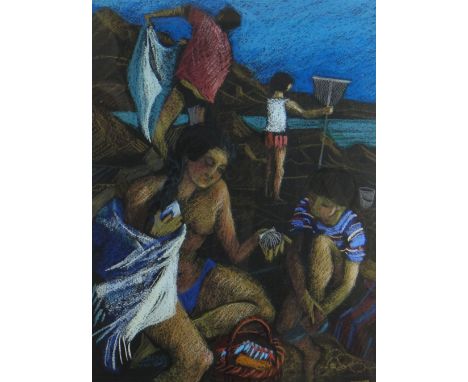 CLAUDIA WILLIAMS pastel - figures at the seaside, titled verso 'Family on the Rocks' with the artist's French address, signed