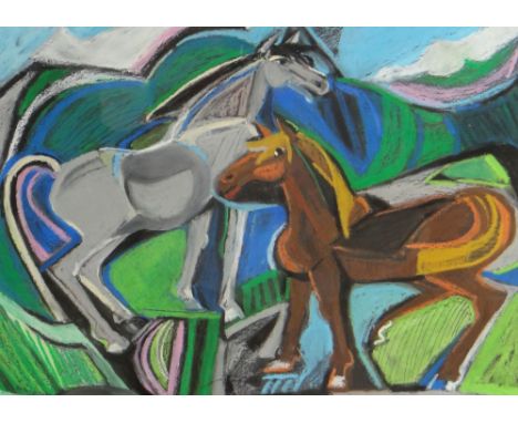 BRIGID WRIGHT pastel - grey and chestnut horses in a landscape, signed and dated 1992, 20.5 x 28.5cms