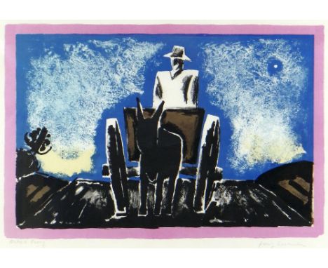JOSEF HERMAN RA artist's proof lithograph in colours - farmer on mule pulled cart, signed fully in pencil, 35 x 50cms