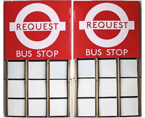 London Transport enamel BUS STOP FLAG (Request). An early 1980s 'roundel'-style, E9-size, double-sided 'boat'-type flag compl