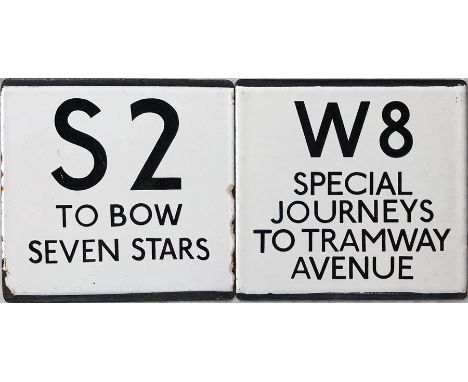 Pair of London Transport bus stop enamel E-PLATES for prefix routes, the first for S2 destinated 'To Bow, Seven Stars', the o