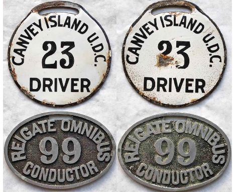 Pair of early 20th-century bus driver/conductor LICENCE BADGES, the first an enamel type for Canvey Island UDC driver no 23 a