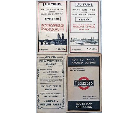 Selection (4) of London Tramways ephemera comprising 3 POCKETS MAPS: LCC Trams Spring 1918 &amp; 1919 editions (both in excel