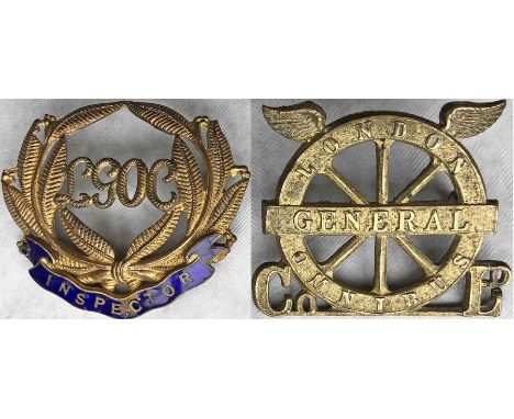 Pair of c1910 London General Omnibus Company CAP BADGES: the first is an Inspector's badge, brass with laurel leaves and enam