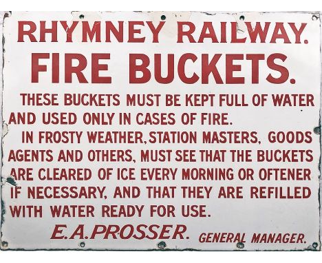 Rymney Railway ENAMEL SIGN 'FIRE BUCKETS'. Founded in 1858, the Rymney Railway was absorbed into the GWR upon Grouping in 192