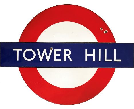 1960s London Underground enamel PLATFORM BULLSEYE SIGN from Tower Hill Station on the District &amp; Circle Lines, the statio