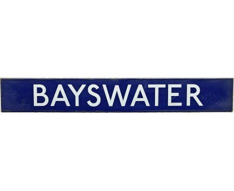 London Underground enamel PLATFORM SIGN from Bayswater Station on the District &amp; Circle lines. The name-bar from a rounde