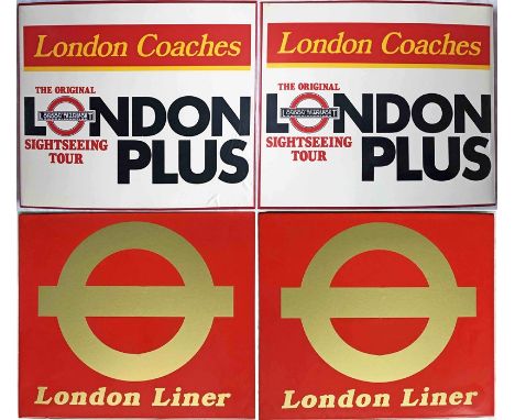 Pair of London Transport 1980s enamel &amp; vinyl BUS STOP FLAGS for the London Coaches subsidiary, the first is for the 'Lon