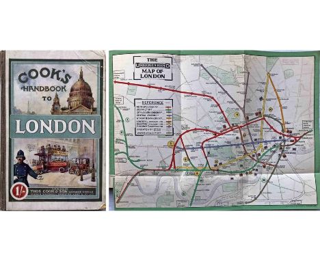 1911 Cook's HANDBOOK TO LONDON with official LONDON UNDERGROUND MAP. 232pp hard-cover book with illustration of Vanguard moto