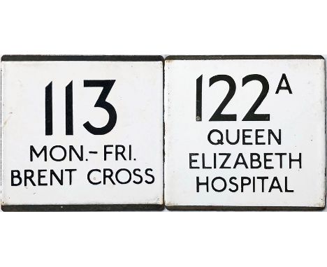 Pair of London Transport bus stop enamel E-PLATES comprising route 113 Mon-Fri destinated Brent Cross, most likely one of a u