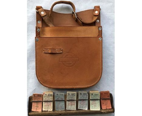 London Transport bus conductor's leather CASH BAG &amp; wooden, spring-loaded TICKET-RACK containing a selection of used LT p