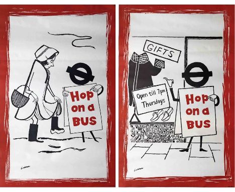 Pair of 1958 London Transport double-royal POSTERS from the 'Hop on a Bus' series by Lobban. These examples depict a woman tr