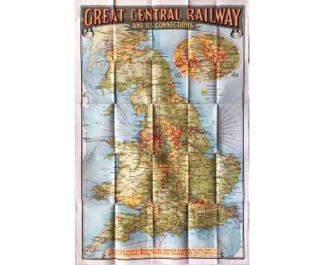 c1910-15 POSTER MAP 'Great Central Railway and its Connections' with an inset enlarged-scale map of central England. Covers E