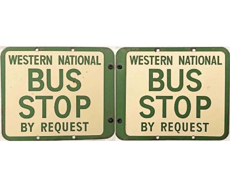 Western National enamel BUS STOP FLAG. A 1950s/60s double-sided sign in cream and green enamel. Measures 12.5" x 10.5" (32cm 
