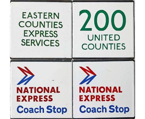 Selection (4) of London Transport bus/coach stop enamel E-PLATES comprising Eastern Counties Express Services, 200 United Cou