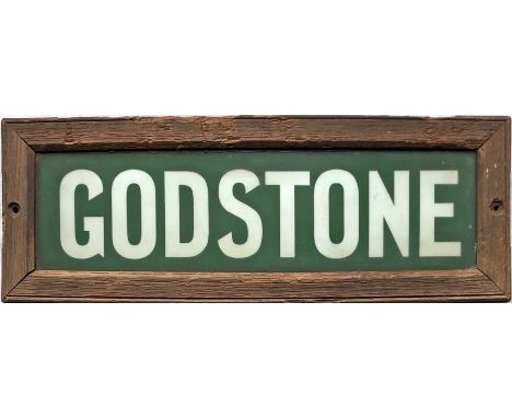 Southern Railway LAMP TABLET SIGN from Godstone station on the former SER line from Redhill to Tonbridge. An opaque glass sig