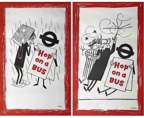 Pair of 1958 London Transport double-royal POSTERS from the 'Hop on a Bus' series by Lobban. These examples depict a man in t