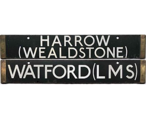 London Underground 38-Stock enamel DESTINATION PLATE for Harrow (Wealdstone)/Watford (LMS) on the Bakerloo Line. Double-sided