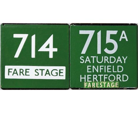 Pair of London Transport/London Country coach stop enamel E-PLATES for Green Line routes 714 'Fare Stage' and 715A Saturday, 