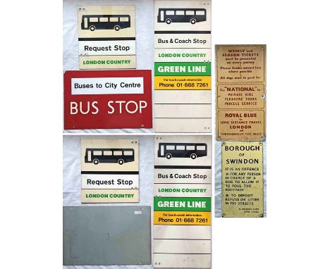 Selection (5) of bus etc SIGNAGE comprising 2 different 1970s London Country Buses perspex double-sided BUS STOP FLAGS, a tin