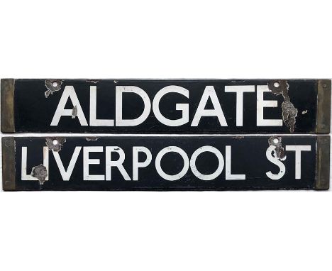 London Underground O/P/Q-Stock enamel CAB DESTINATION PLATE 'Aldgate / Liverpool St' from the Hammersmith &amp; City Line. A 