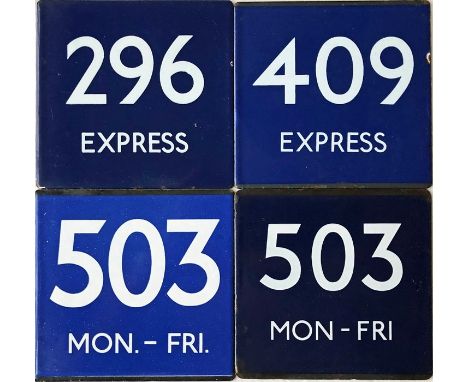 Selection (4) of London Transport bus stop enamel E-PLATES, all with the blue-background for limited-stop services and compri